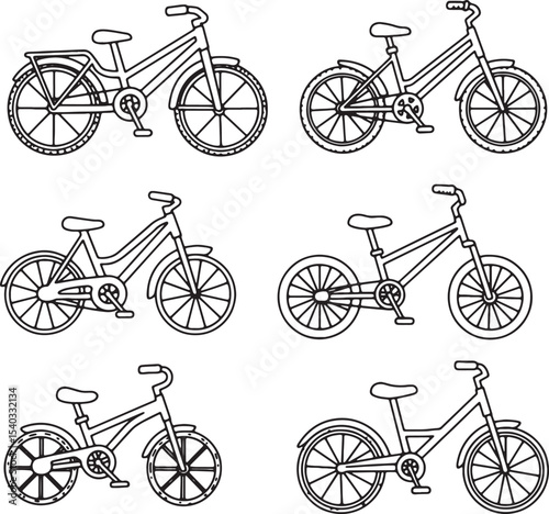 Collection of Six Simple Line Drawings of Children's Bicycles, Perfect for Coloring Pages, Activity Books, or Design Projects