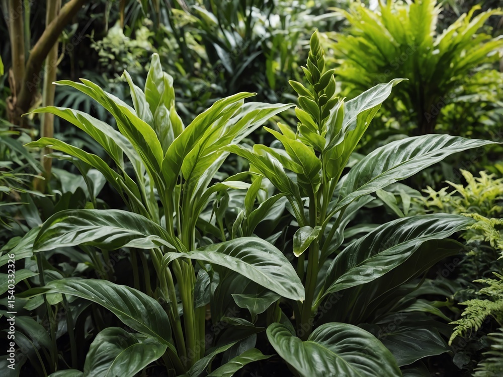 Fototapeta premium Close-up of lush green plants in a botanical garden