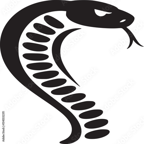 A black and white graphic image of a cobra with its hood up and tongue sticking out on white background