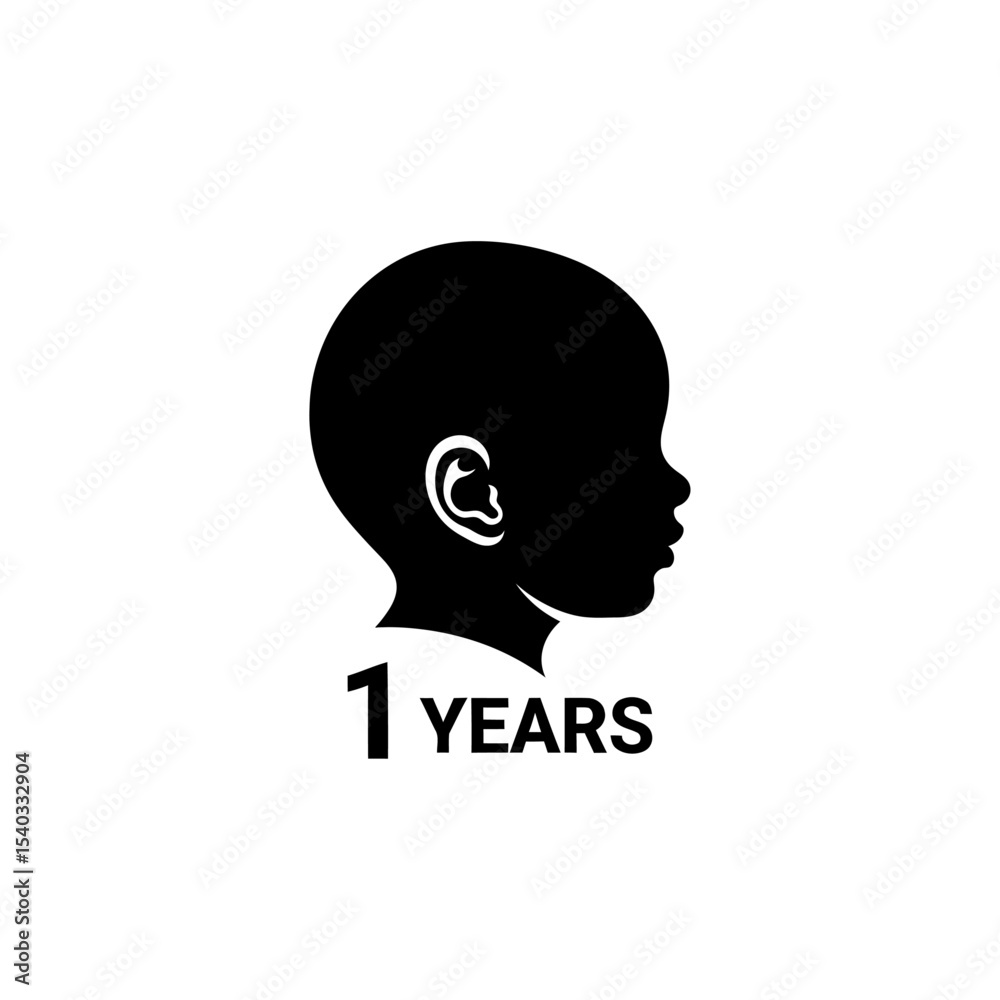 Silhouette of a baby head in profile with ear detail and text indicating one year of age below it Silhouette of a baby head in profile with ear detail and text indicating one year of age below it