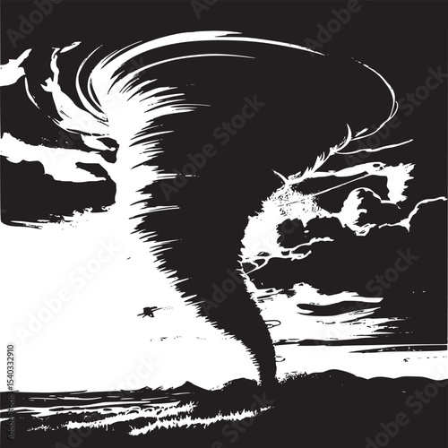 A towering tornado descends upon a landscape at sunset with dramatic clouds and vibrant colors