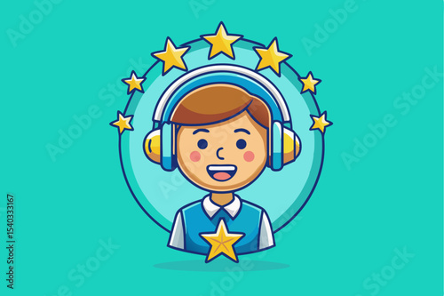Smiling cartoon boy customer service representative with a headset in a business suit