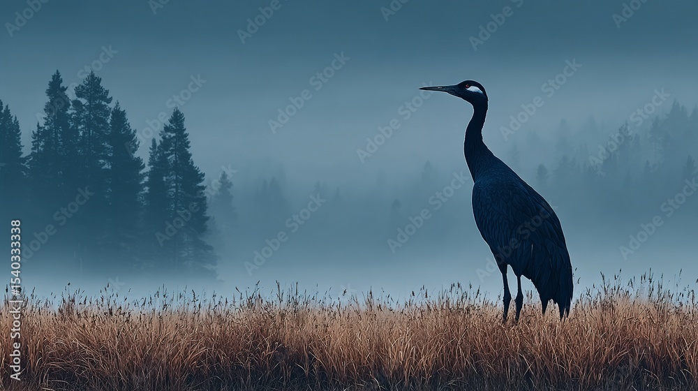 Obraz premium A crane stands tall in a misty field.