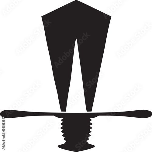 A stark black sword stands upright against a pristine white backdrop in a minimalist composition style