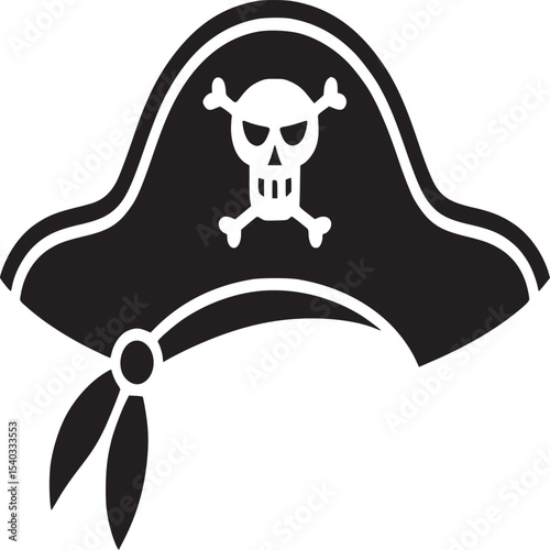 A black pirate hat with skull and crossbones emblem and tied ribbons in a simple vector illustration