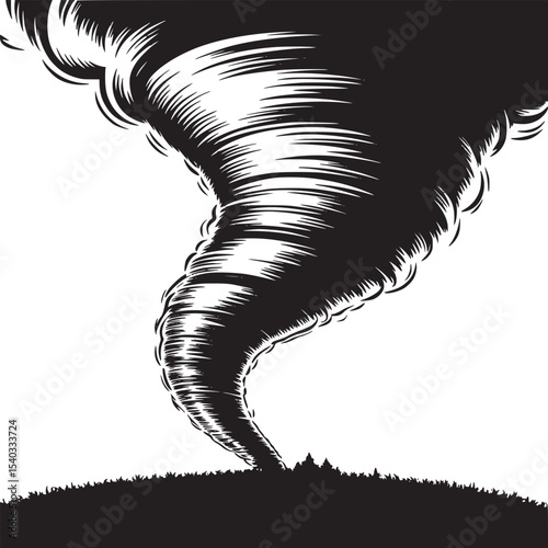 A stylized illustration of a tornado touching down near a silhouetted landscape at dusk or dawn