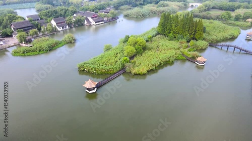 Aerial view of the beautiful Shajiabang Scenic Area in Changshu, China, showcasing its waterways, architecture, and landscape photo