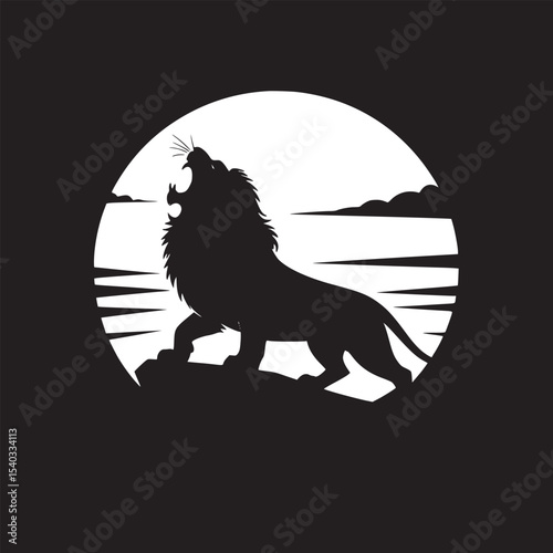 A silhouette of a lion roaring atop a rock formation against a sunset with sparse vegetation