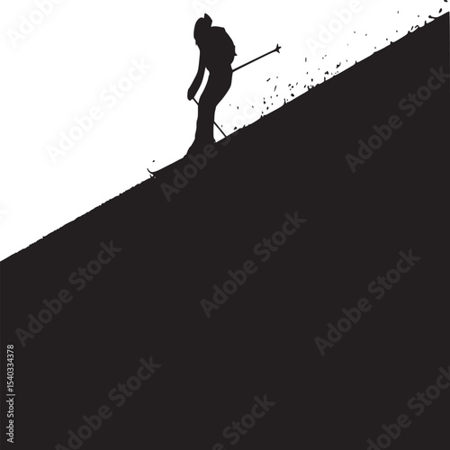 A silhouetted skier on a snowy slope against a bright sky with the sun shining in the background