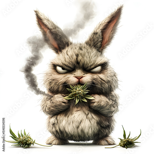 Angry brown disheveled looking rabbit with a wonky eye, chewing on a smoking marijuana weed bud isolated on a white background 