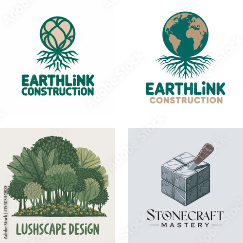 Collection of four unique logos for businesses featuring earth elements and construction related concepts in a vector design.
