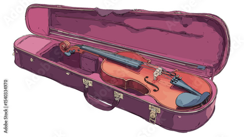 An illustration depicts a violin inside an open pink case. The violin is shown in detail with its strings, bridge and body. The case is a rectangular shape and shows some texture in its material.