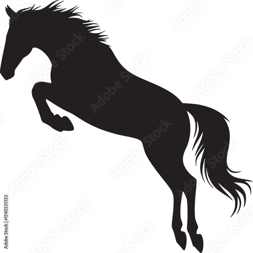 A silhouette of a horse jumping in the air with its mane and tail flowing in the wind on white background