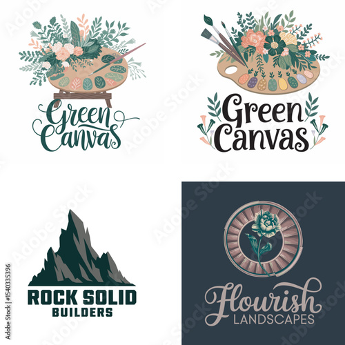 Four different logos featuring an art studio and building landscape branding designed for business purposes and applications