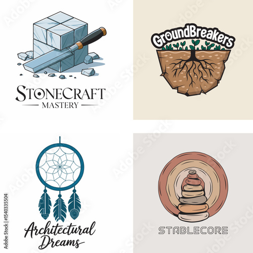 Four eye catching logos featuring stonecraft, groundbreakers, architectural dreams and stablecore for branding purposes