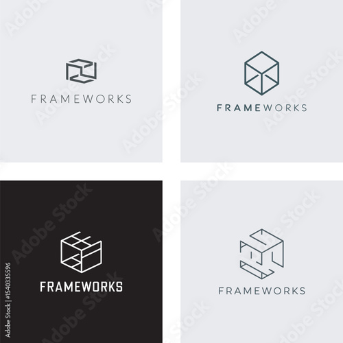 Minimalist frameworks logo design in various styles featuring geometric cube shapes representing structure and conceptual ideas