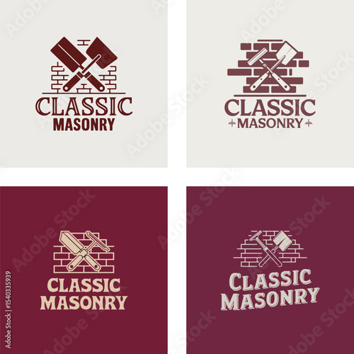 Vintage and stylish classic masonry company logos showcasing tools and brickwork in distinct color variations suitable for branding.