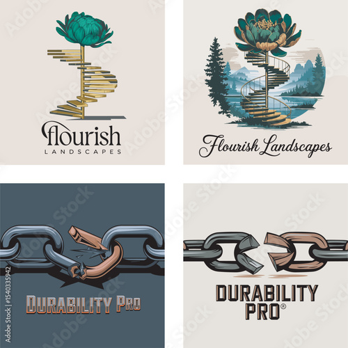 Logos for landscaping and durability businesses with floral spirals and broken chain link illustrations in a vintage style