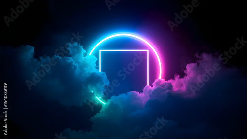abstract cloud illuminated with neon light ring on dark night sky . AI-generated