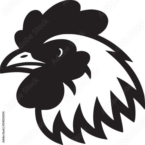 Illustrated head of a white rooster with a red comb and wattle on a plain white background view