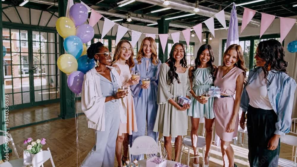 custom made wallpaper toronto digitalCelebrating Moments: A diverse group of women gather, smiling brightly amidst a cheerful setting, the room decorated with festive balloons and elegant bunting.