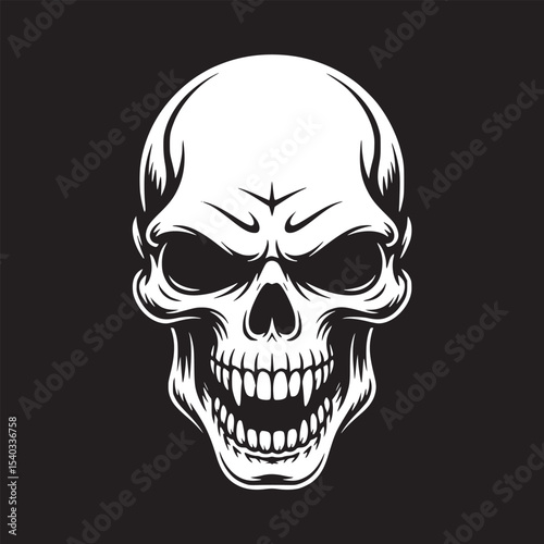 A white skull with a black background showing teeth and eye sockets in a vector illustration