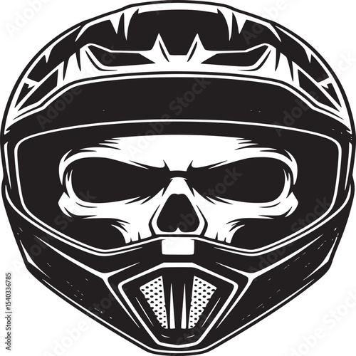 A skull wearing a red and white motocross helmet with a black visor on a white background image