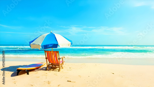 Deck chair under an umbrella with a surfboard on sandy beach by the sea and sky. AI-generated