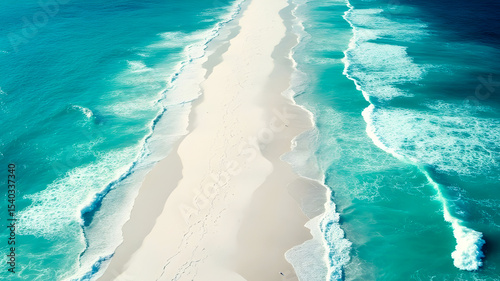 Clean ocean waves breaking on white sand beach with turquoise emerald coloured water. Aerial view . AI-generated