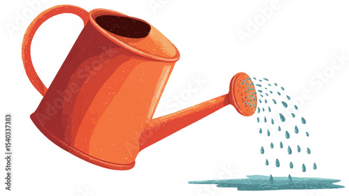 Illustration of an orange metal watering can pouring water. The watering can is depicted in a slightly tilted position, with water flowing from the spout in a stream of droplets. 