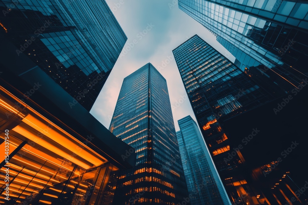 Obraz premium Modern skyscrapers rise against a cloudy sky, showcasing sleek glass facades and urban architecture in a dynamic city environment.