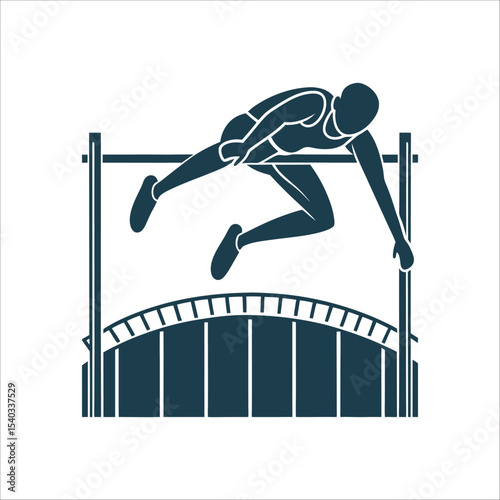 High Jump Silhouette Over Stadium, Athlete Leaping High Jump Approach Curve Body leaning into jump