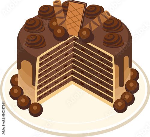 Chocolate cake slice with wafer on the top