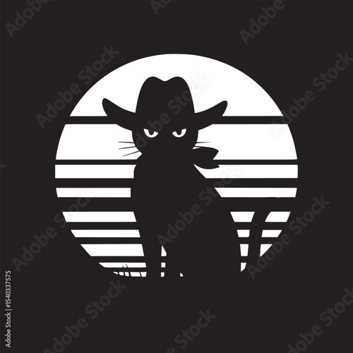 A black cat wearing a cowboy hat and bandana sitting in front of a sunset with grass below it