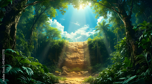Panoramic view to tropical backdrop surrounded by jungle trees with light spot. AI-generated