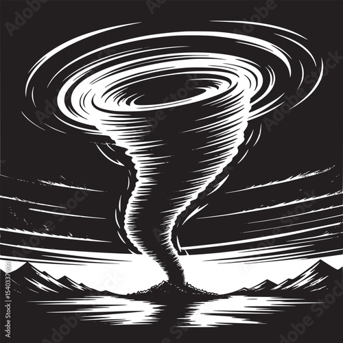 A swirling tornado touching down near a body of water with mountains and a colorful sky behind it