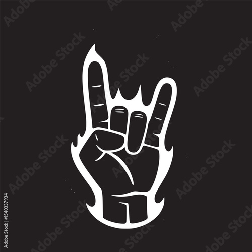 A graphic illustration of a hand making the rock and roll sign surrounded by flames on black background