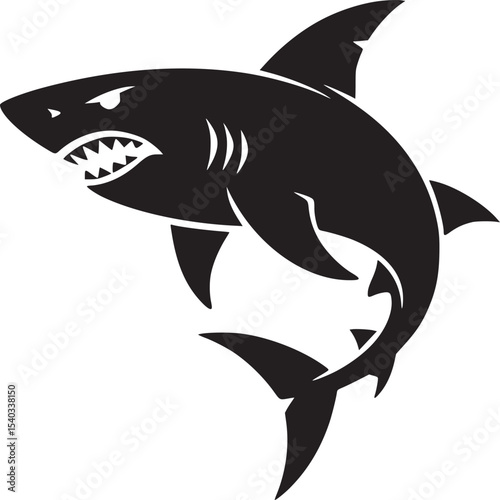 A striking black silhouette of a shark with visible teeth against a plain white background design art