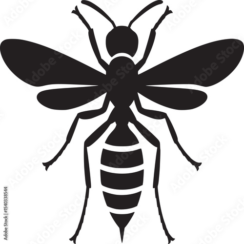 A graphic silhouette of a wasp with wings and striped abdomen against a white background surface