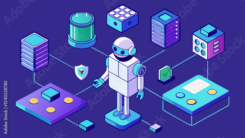 Isometric 3D vector illustration of a robot, a set of icons for business, and transport technology for a smart city office or home network