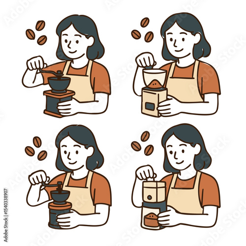 a barista grinding coffee beans using a manual or electric grinder. Include beans, grinder, and a container below