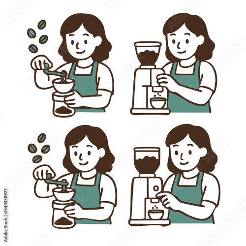 a barista grinding coffee beans using a manual or electric grinder. Include beans, grinder, and a container below