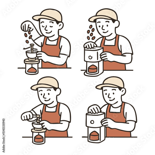 a barista grinding coffee beans using a manual or electric grinder. Include beans, grinder, and a container below