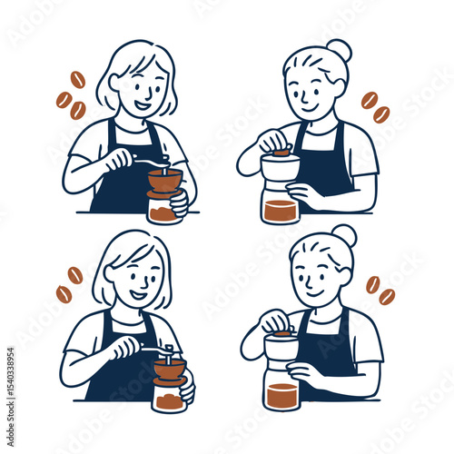 a barista grinding coffee beans using a manual or electric grinder. Include beans, grinder, and a container below