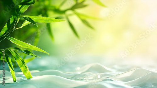 spa background banner with green bamboo leaf on white transparent water wave in sunlight. AI-generated
