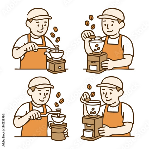 a barista grinding coffee beans using a manual or electric grinder. Include beans, grinder, and a container below
