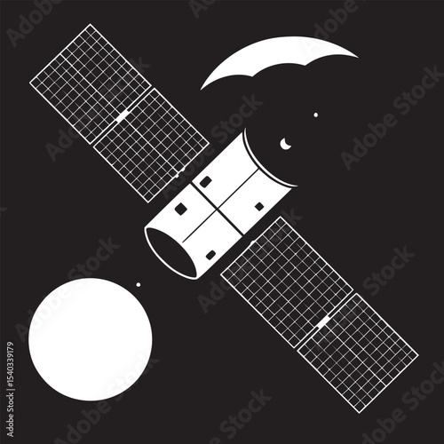 A satellite with solar panels orbiting in space against a red background with a sun and comet shape