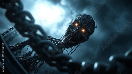A skeleton with glowing eyes is looking at the camera through a chain link fence