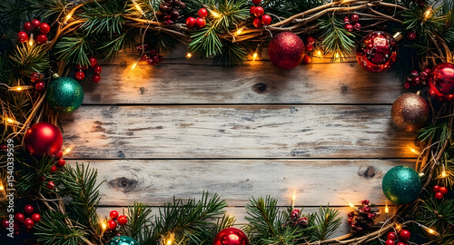 Top view of some wooden star and snowflake shapes, red, silver and gold christmas balls, pine twigs and christmas lights on a rustic wooden table. AI-generated