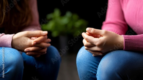 Two women are sitting on the floor, one of them is wearing a pink shirt